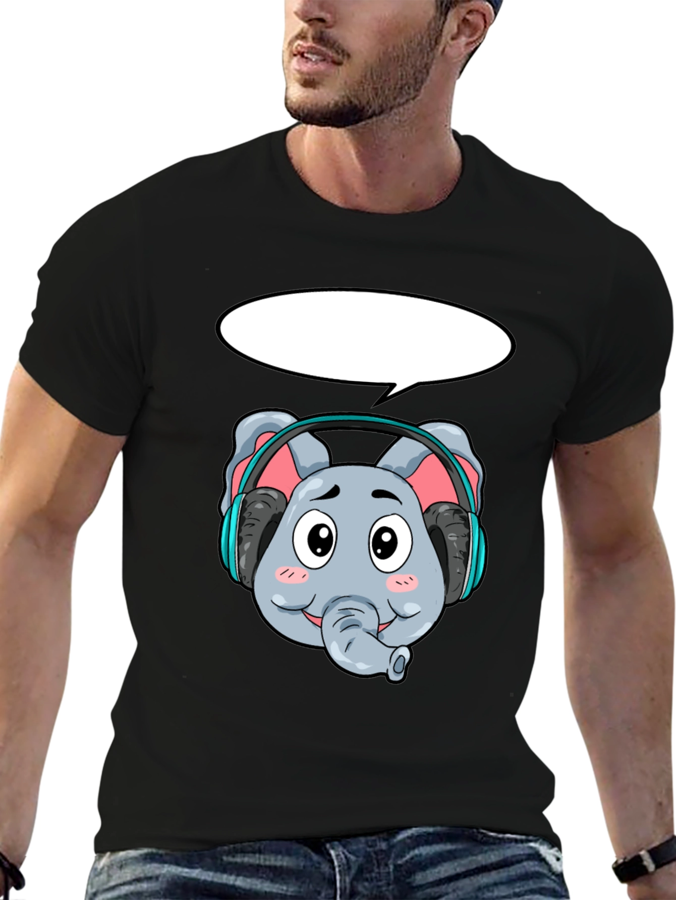 Cartoon Elephant Headphones Black T-Shirt
