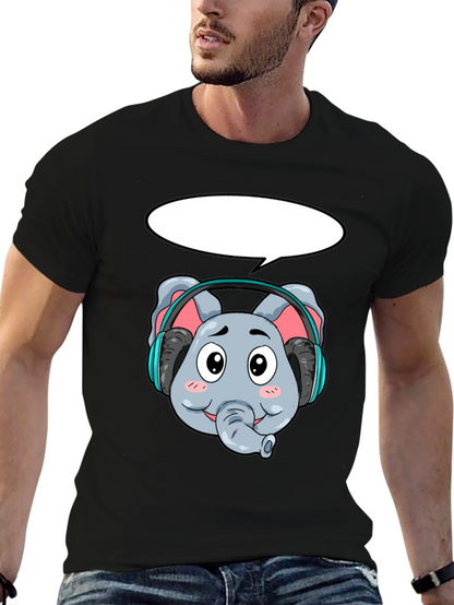 Cartoon Elephant Headphones Black T-Shirt