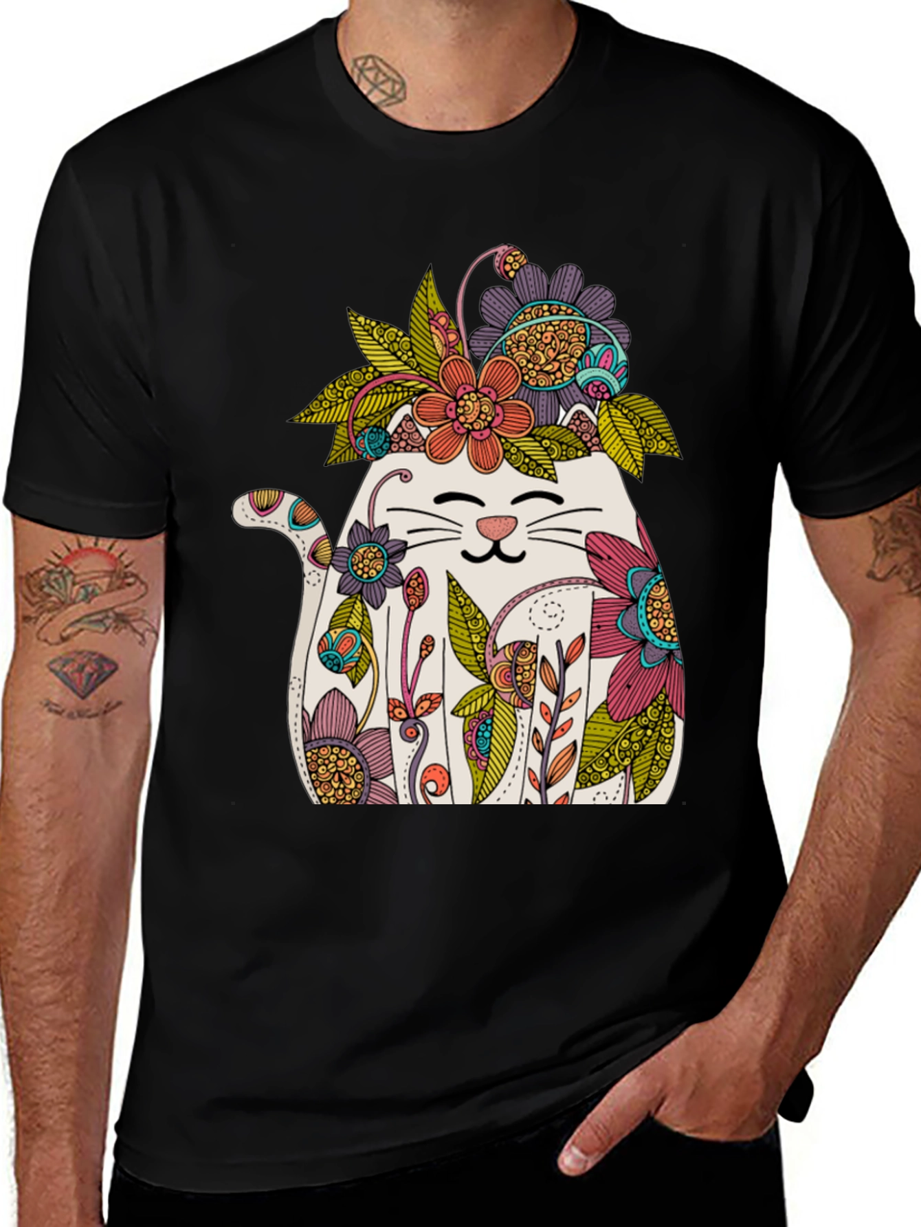 Floral Cat Graphic T-Shirt - Whimsical Mens Tee