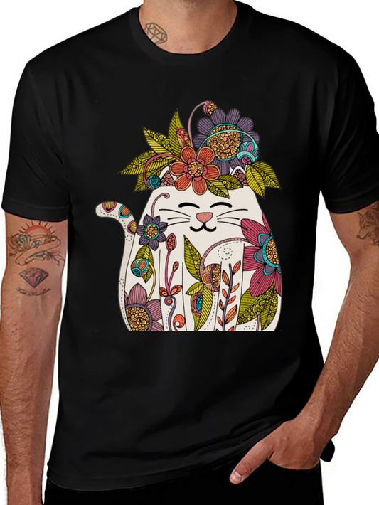 Floral Cat Graphic T-Shirt - Whimsical Mens Tee