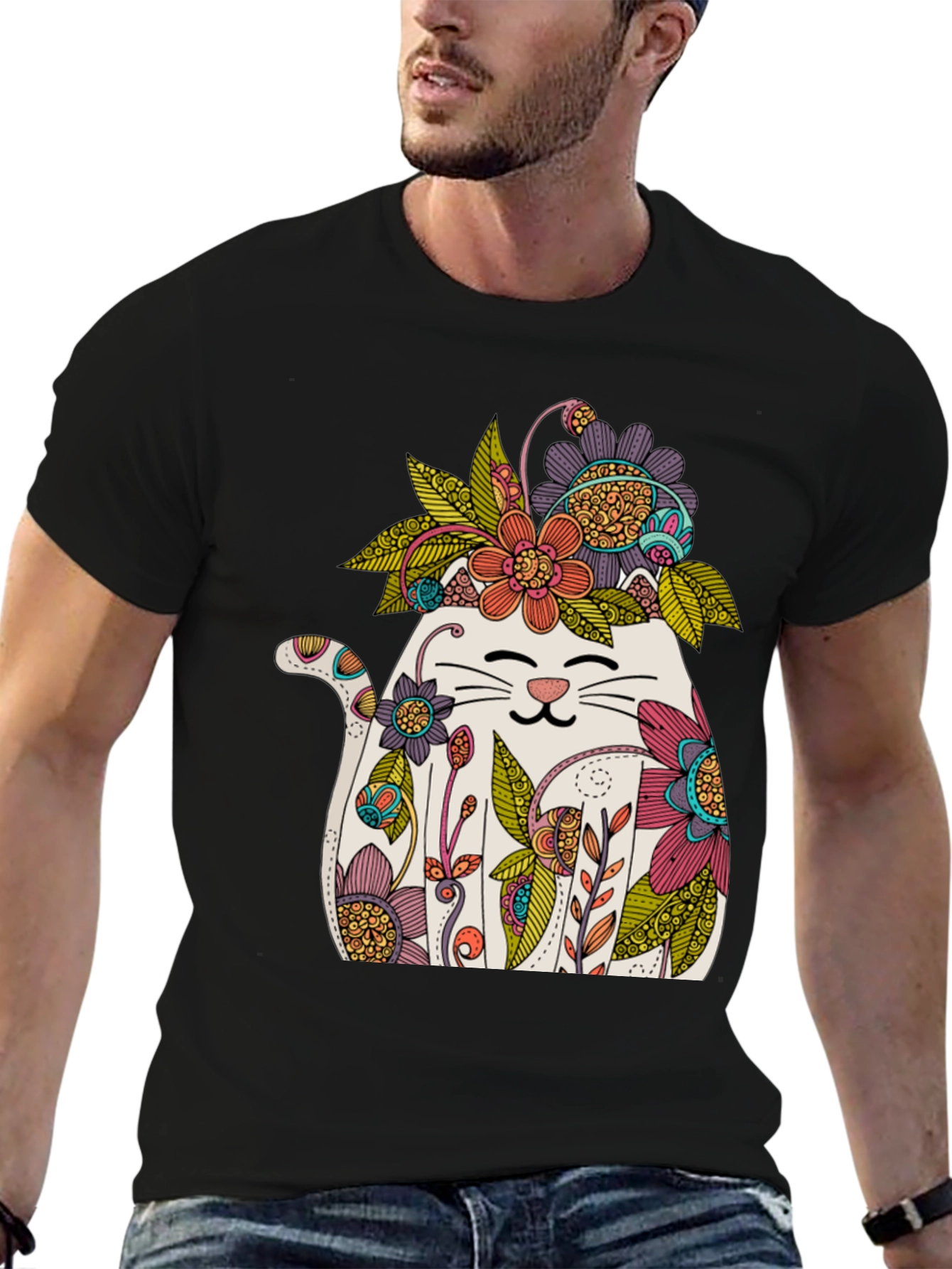 Floral Cat Graphic T-Shirt - Whimsical Mens Tee