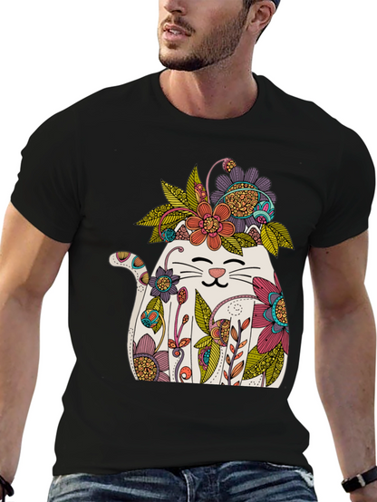 Floral Cat Graphic T-Shirt - Whimsical Mens Tee