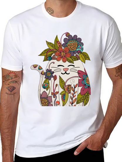 Floral Cat Graphic T-Shirt - Whimsical Mens Tee