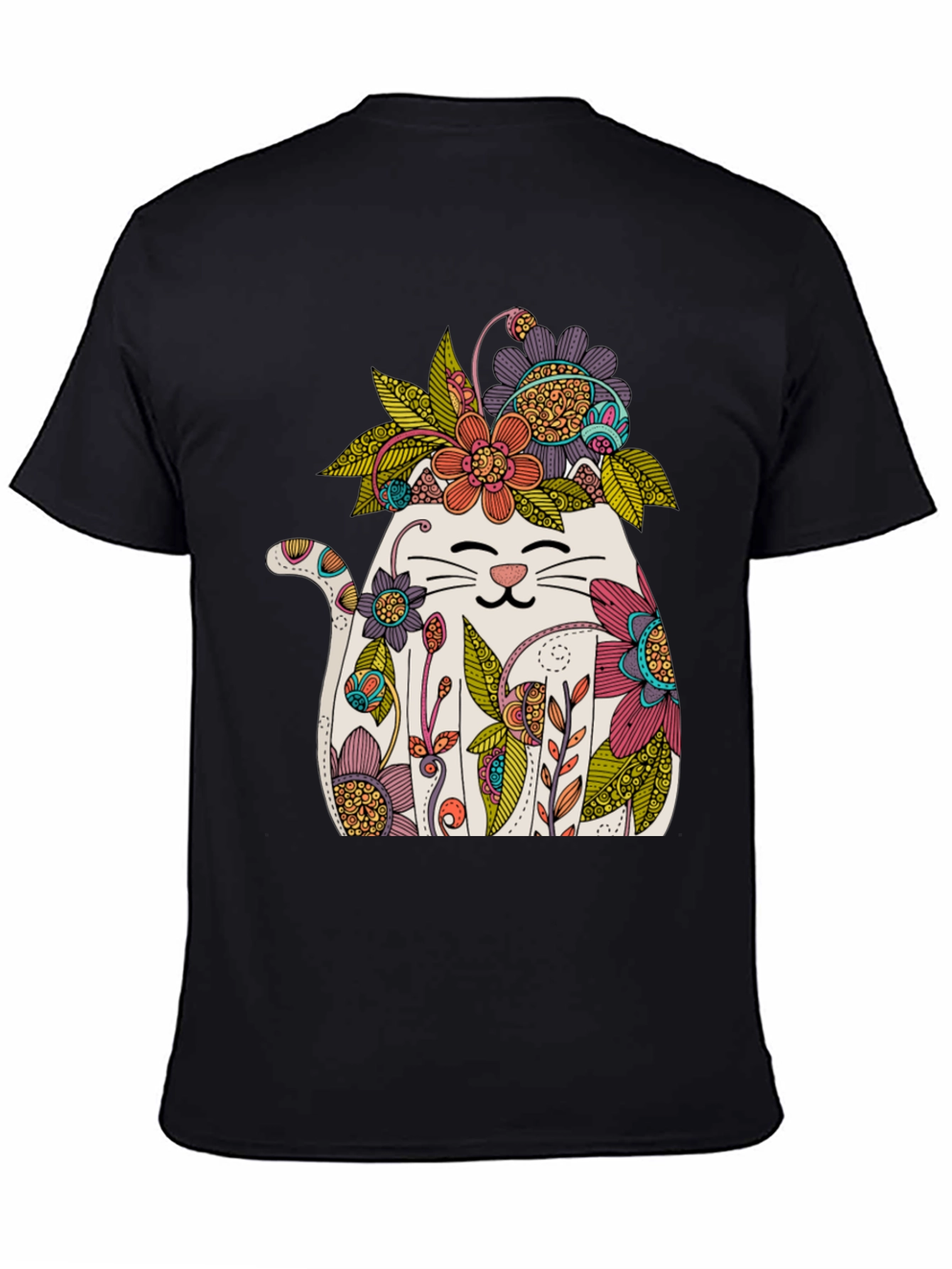 Floral Cat Graphic T-Shirt - Whimsical Mens Tee