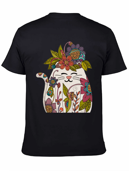 Floral Cat Graphic T-Shirt - Whimsical Mens Tee