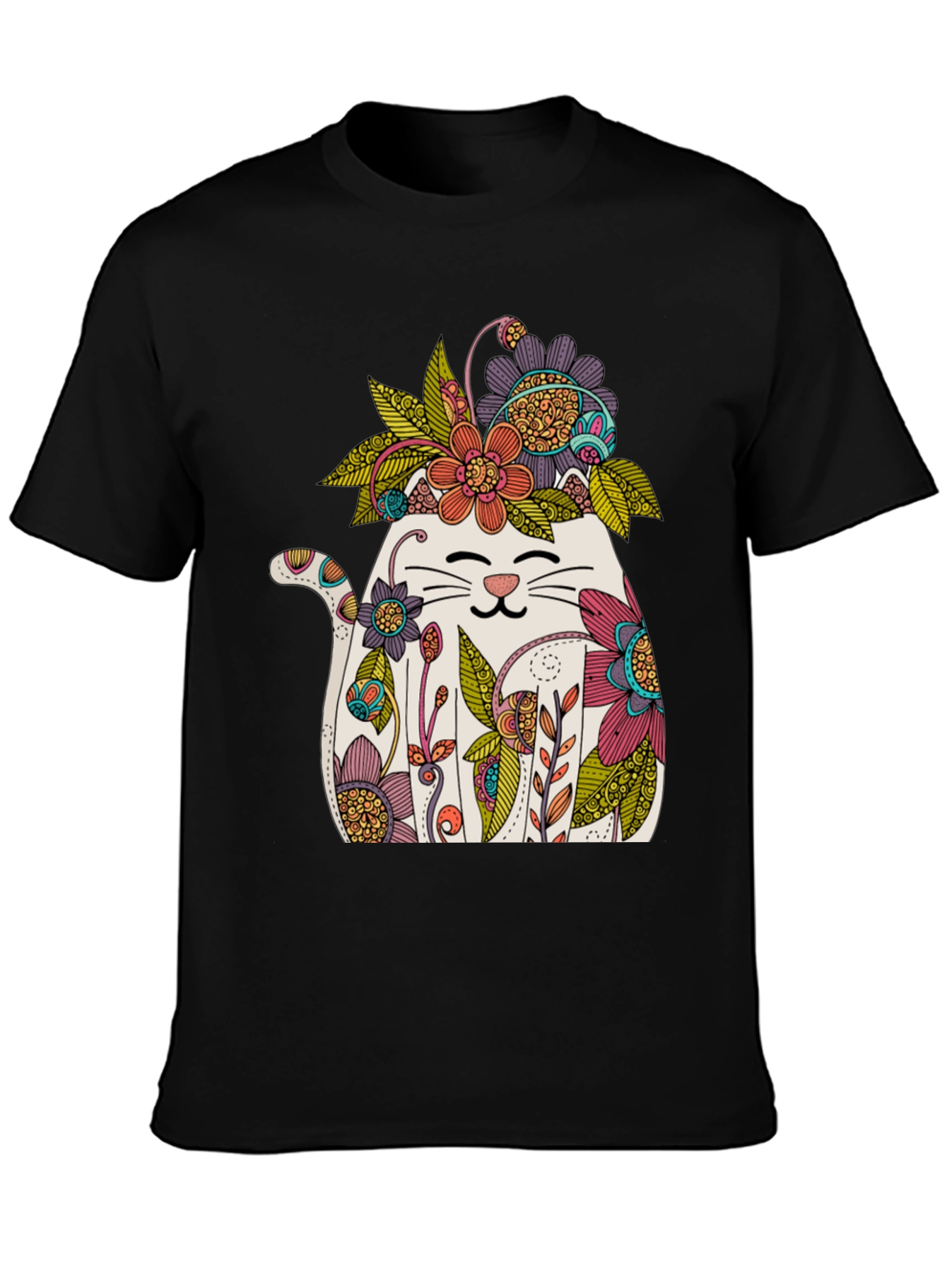 Floral Cat Graphic T-Shirt - Whimsical Mens Tee