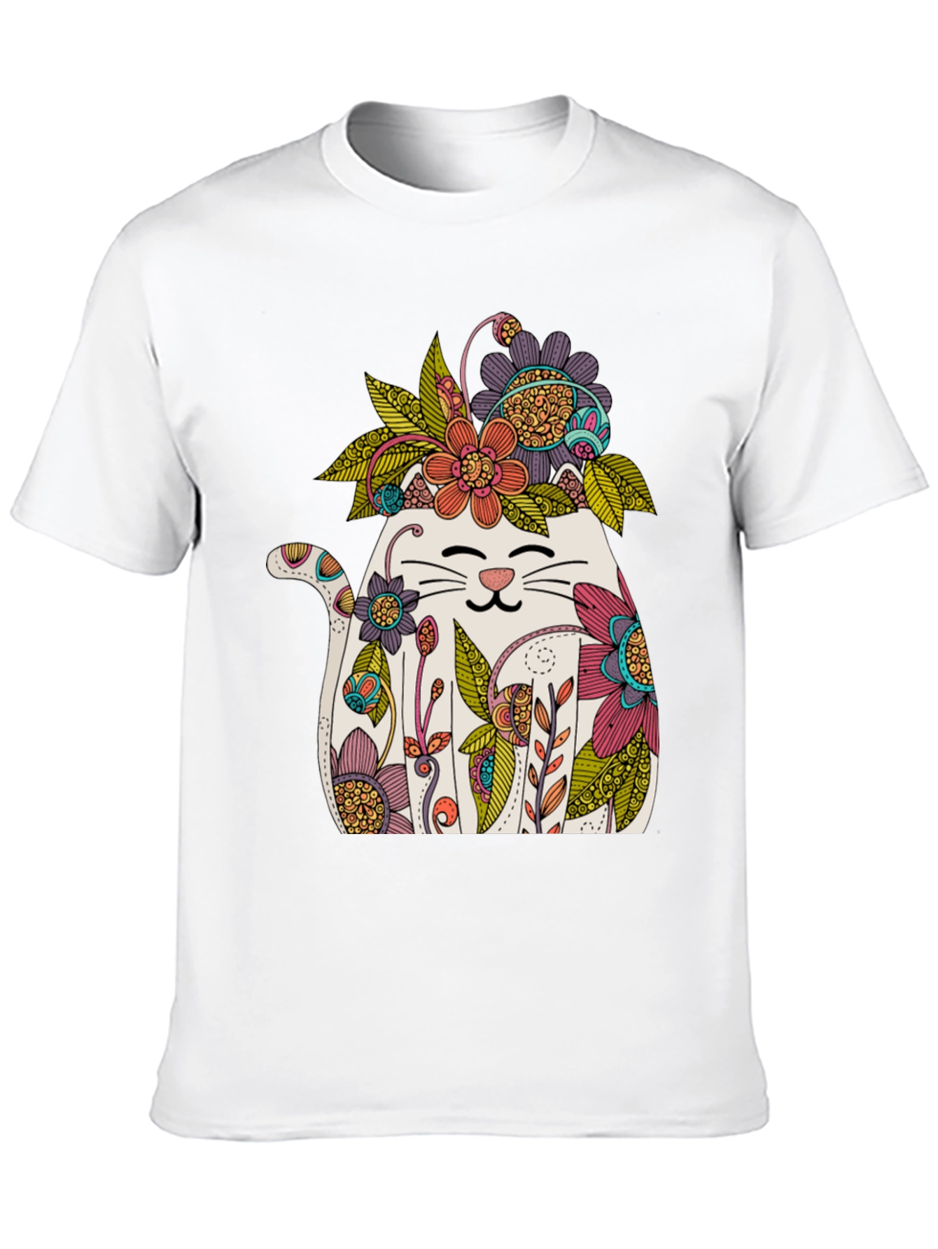 Floral Cat Graphic T-Shirt - Whimsical Mens Tee