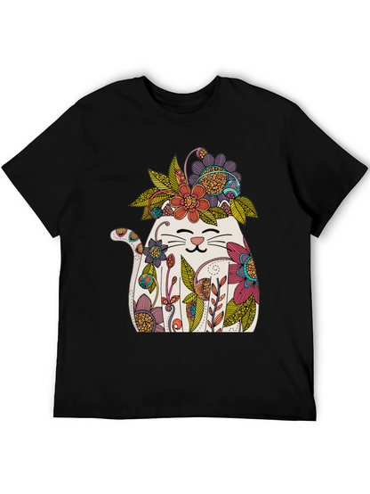 Floral Cat Graphic T-Shirt - Whimsical Mens Tee