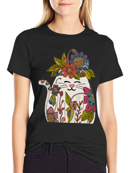 Floral Cat Graphic T-Shirt - Whimsical Mens Tee