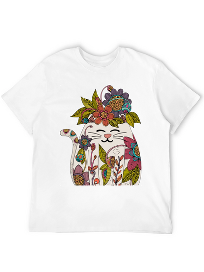 Floral Cat Graphic T-Shirt - Whimsical Mens Tee