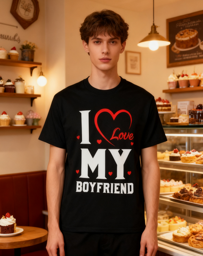 I Love My Boyfriend Heart T-Shirt - 100% Cotton, Romantic Casual Tee for Couples & Daily Occasions
