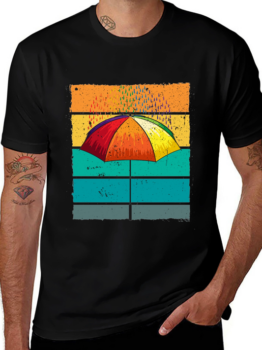 Retro Umbrella Graphic T-Shirt - Colorful Rainy Day Tee