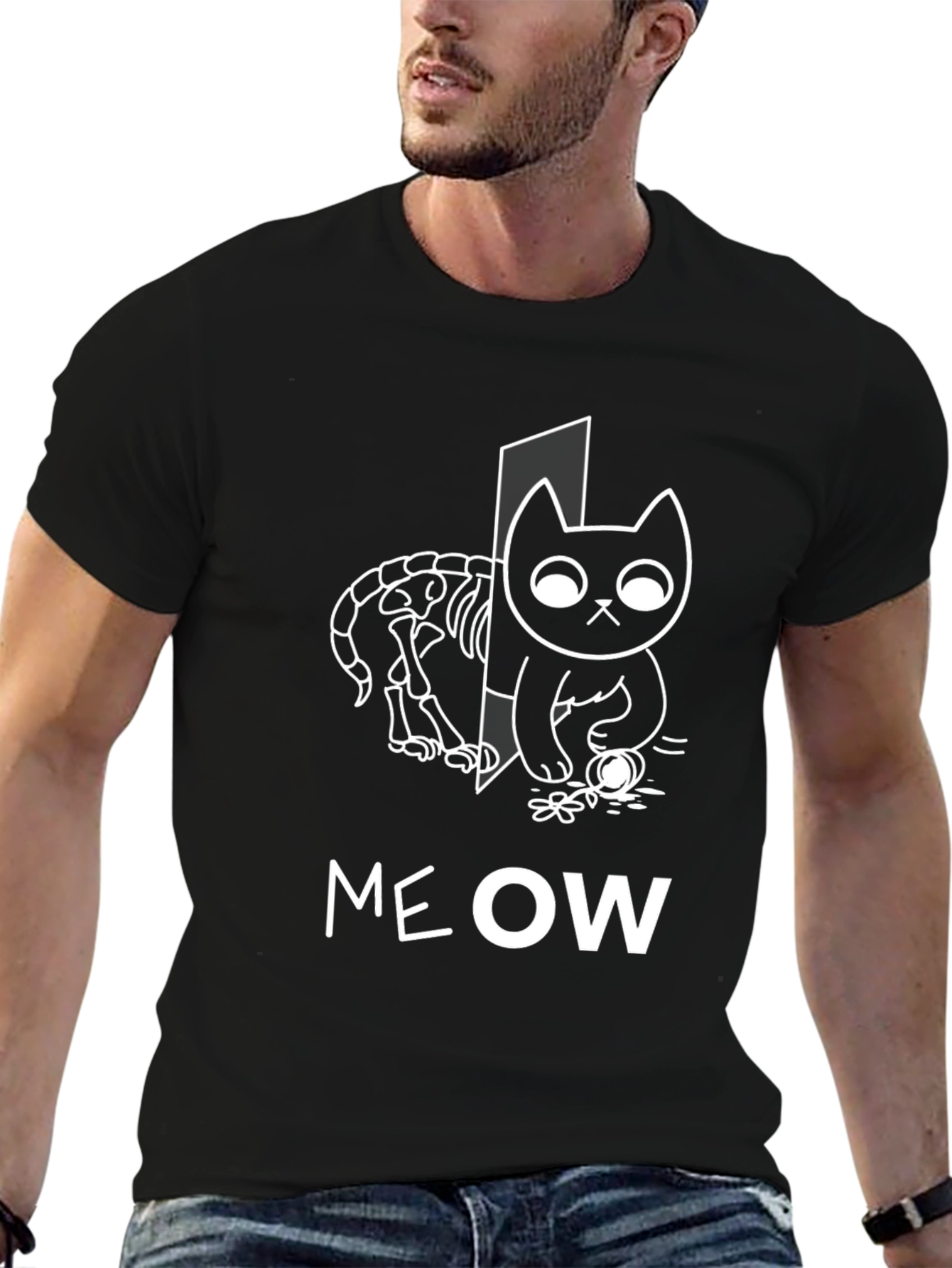 Meow Cat T-Shirt Halloween Cat Shirt Skeleton Cat Tee