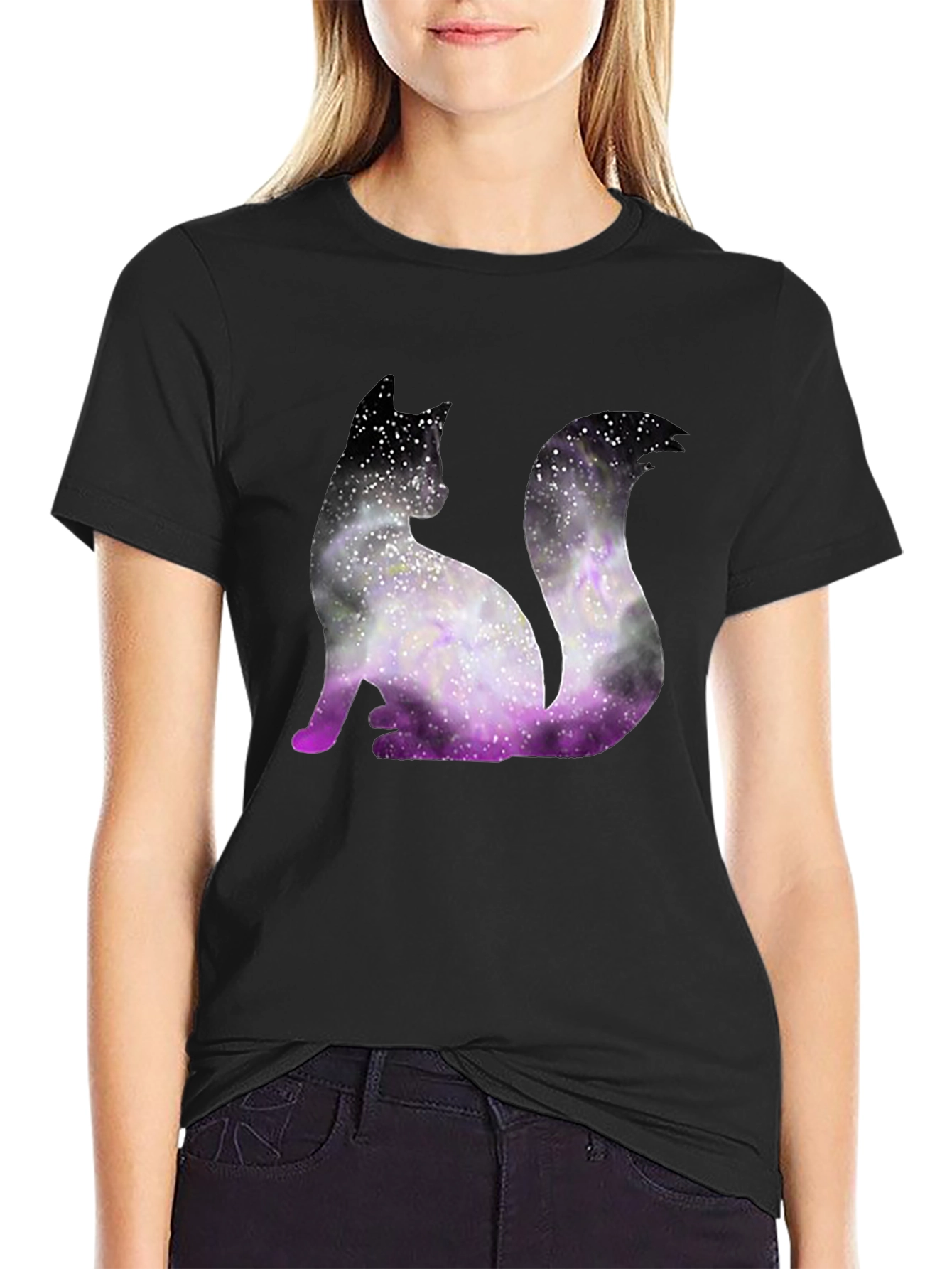 Galaxy Cat Graphic Tee - Trendy Black T-Shirt