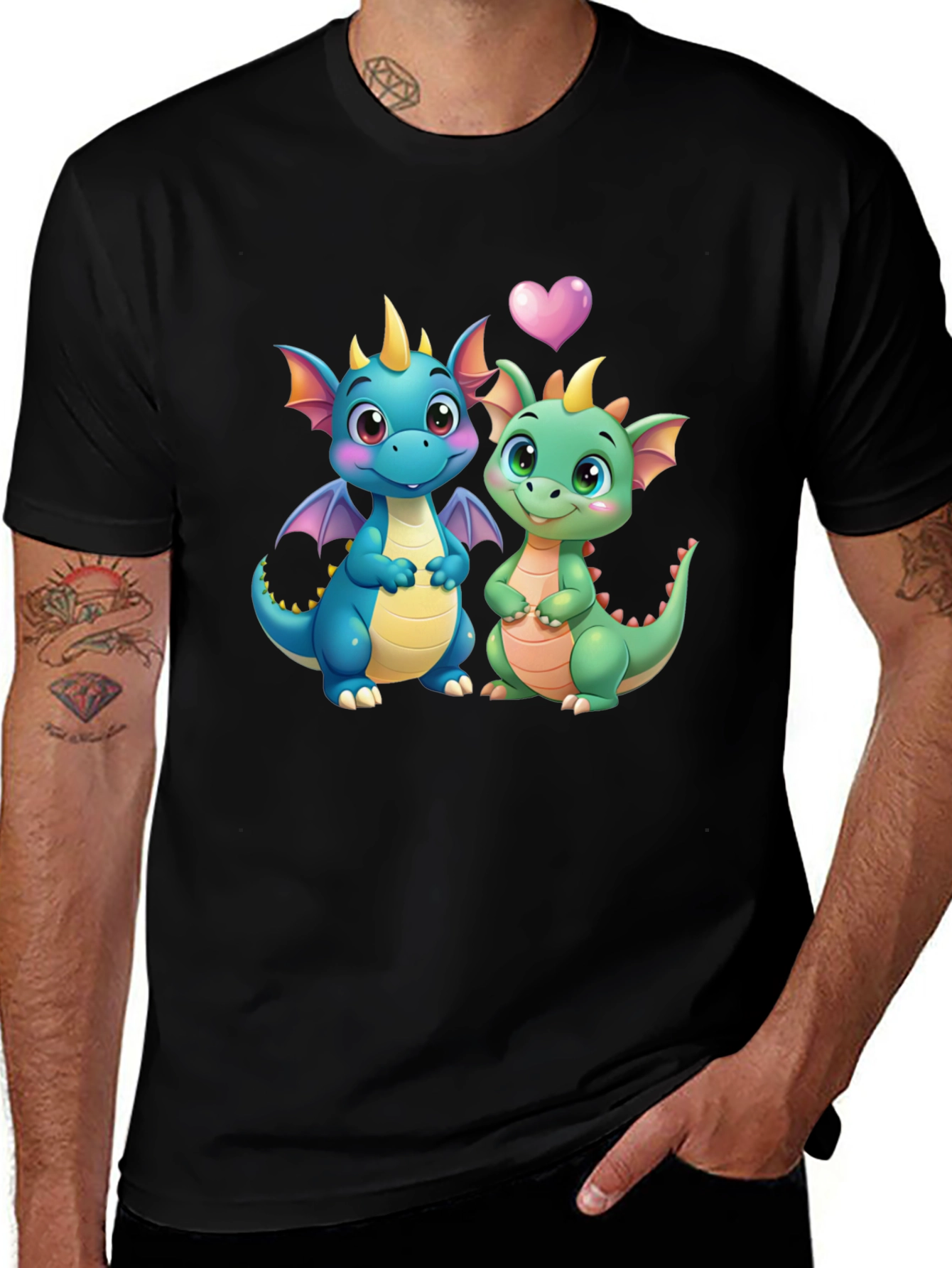 Cute Dragon Couple Graphic Tee - Black