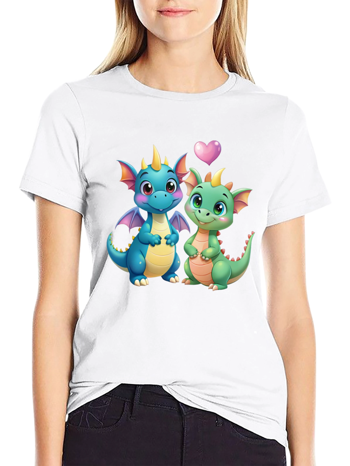 Cute Dragon Couple Graphic Tee - Black
