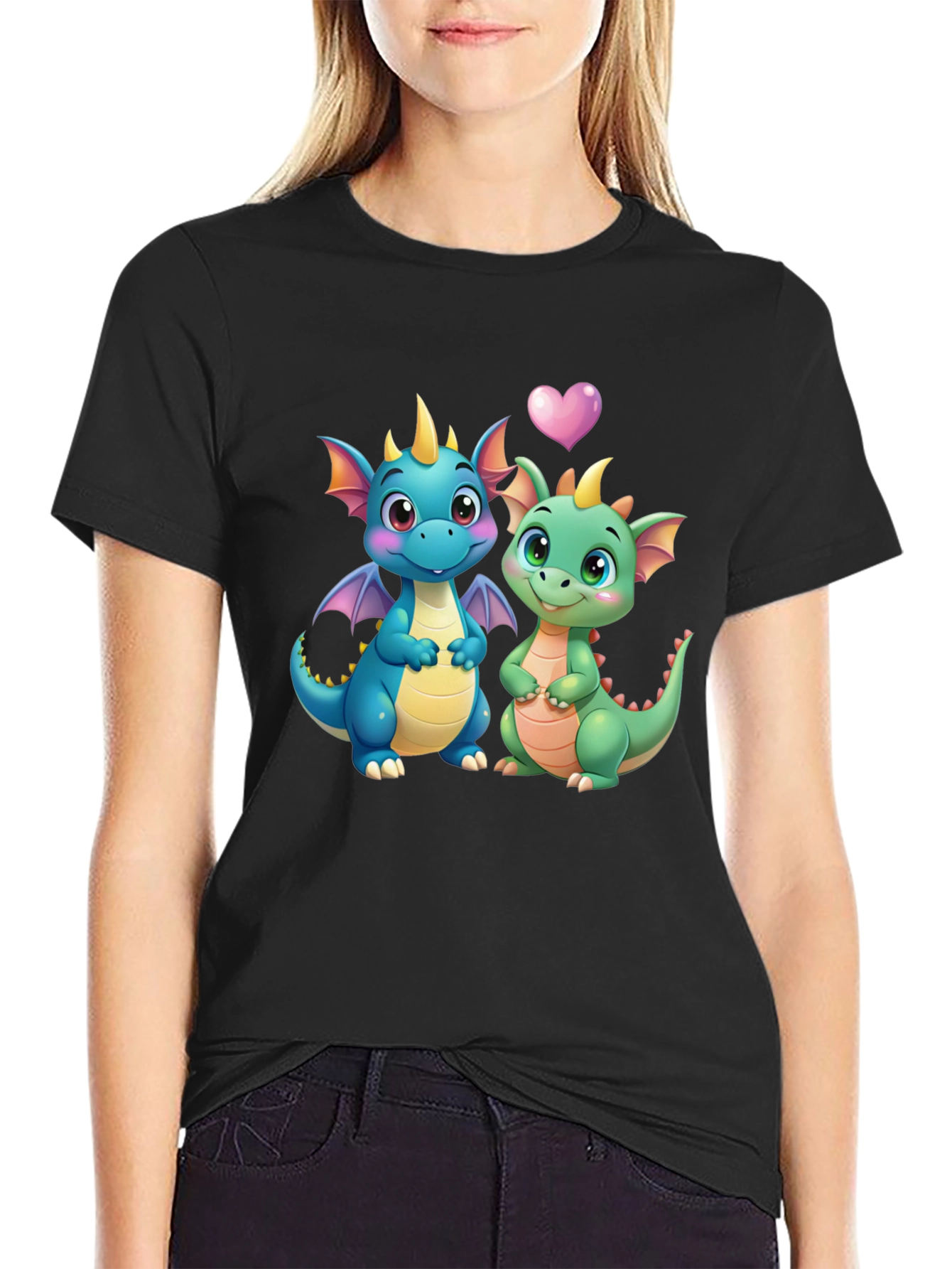 Cute Dragon Couple Graphic Tee - Black