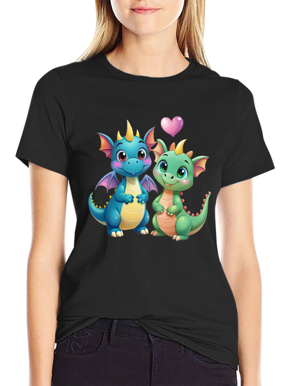 Cute Dragon Couple Graphic Tee - Black