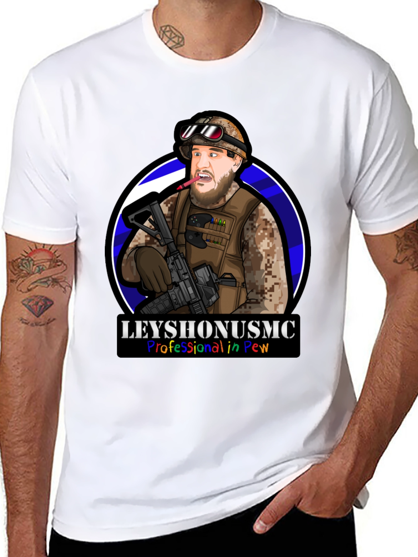 LeyshOnUSMC Pro in Pew T-Shirt - Military Cartoon