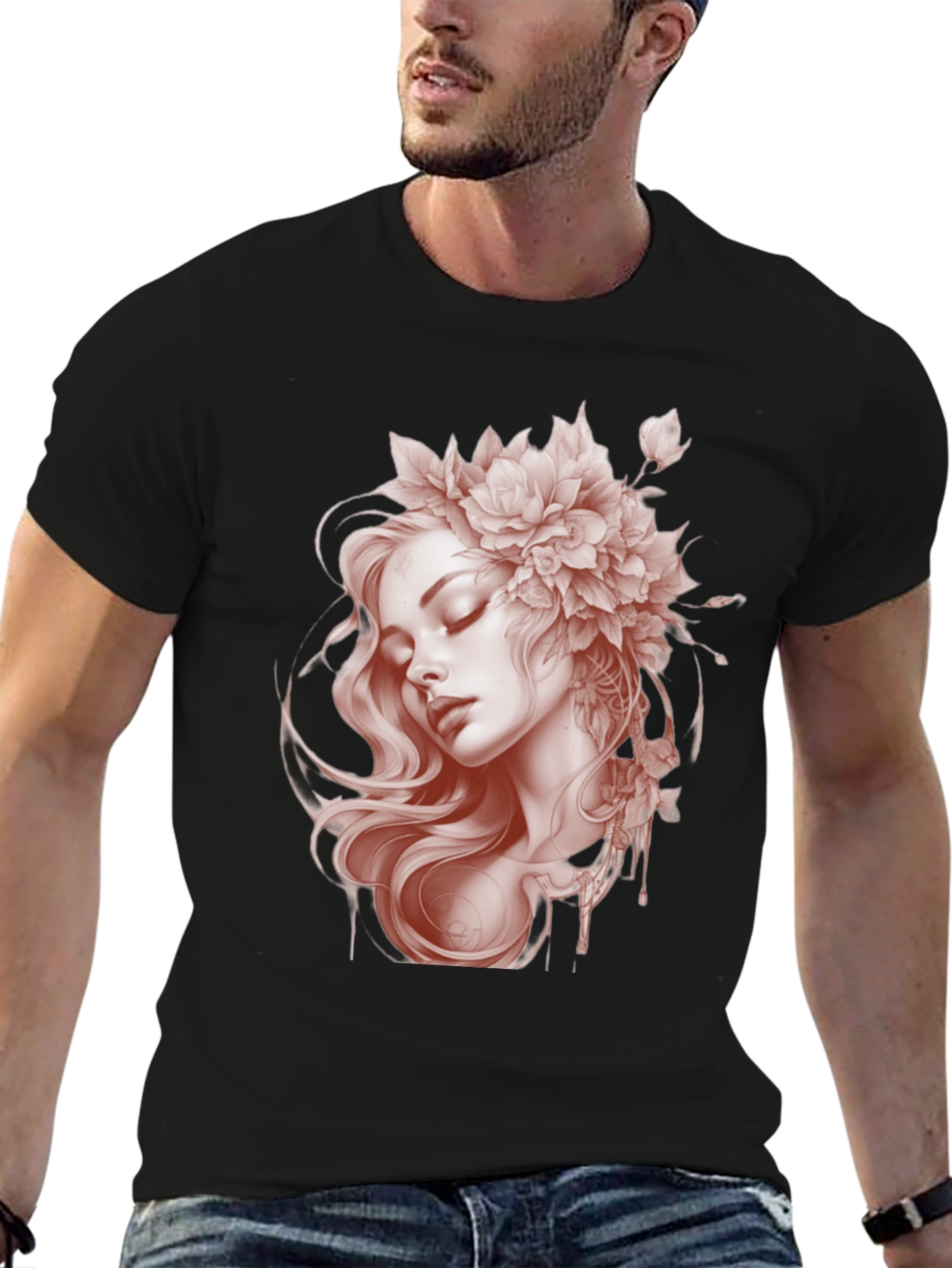 Floral Woman Graphic Black T-Shirt