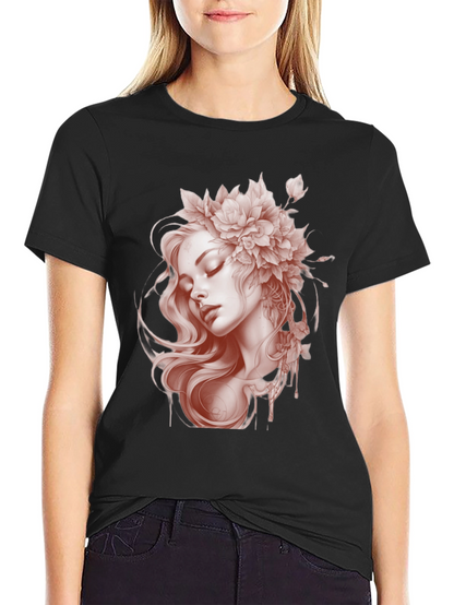 Floral Woman Graphic Black T-Shirt