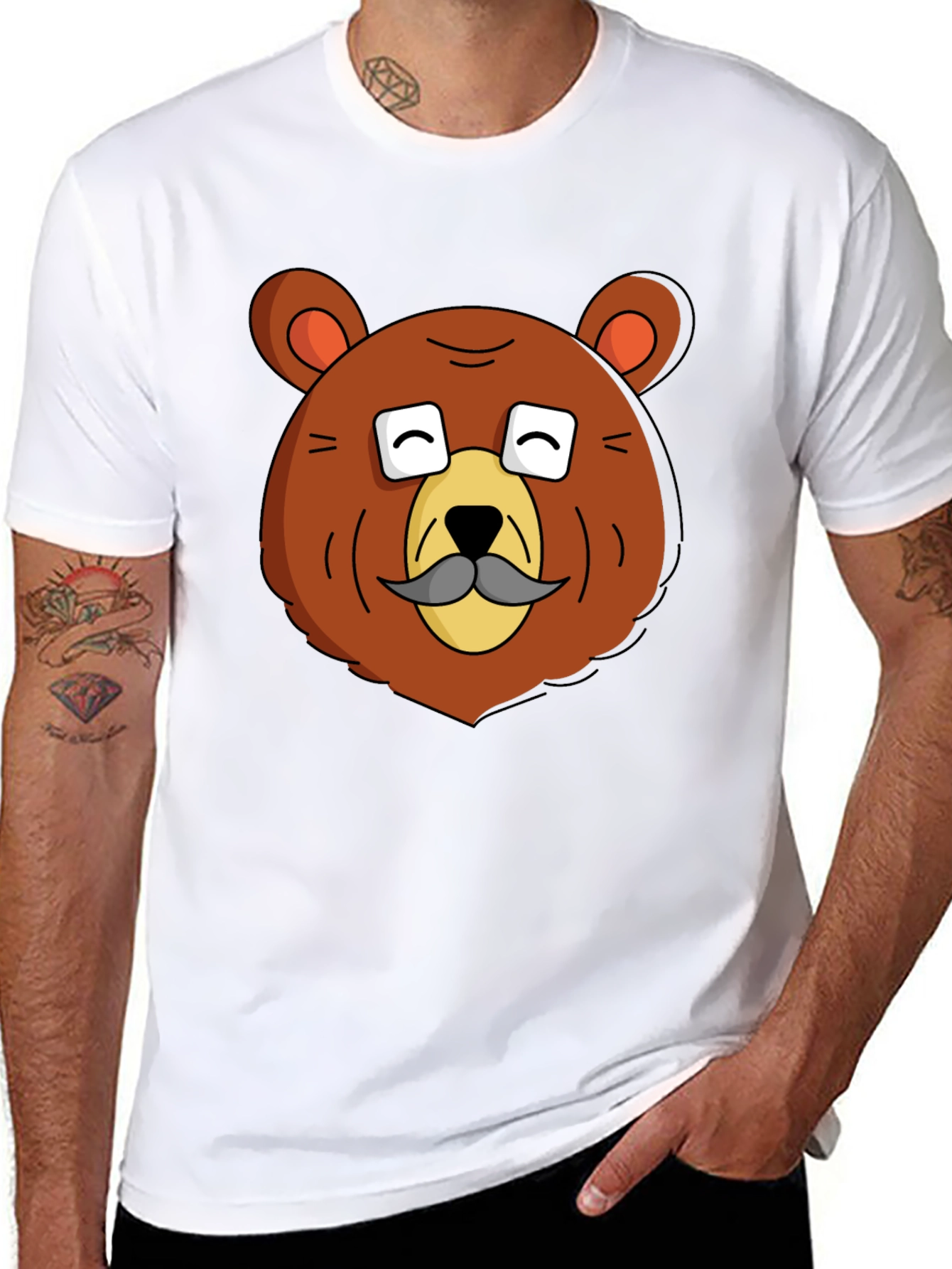 Funny Bear with Mustache Graphic T-Shirt