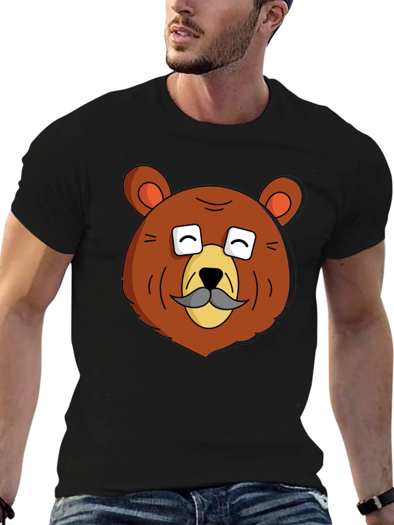 Funny Bear with Mustache Graphic T-Shirt