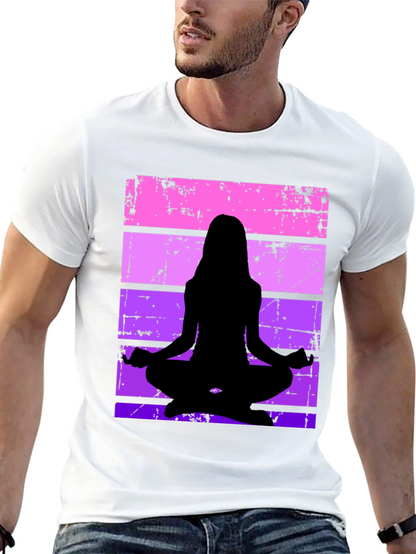 Yoga Silhouette Graphic Tee - Retro Stripe Design