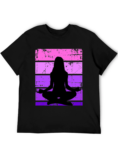 Yoga Silhouette Graphic Tee - Retro Stripe Design