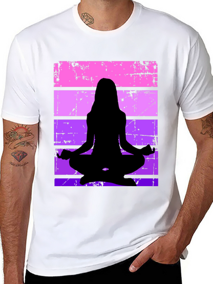 Yoga Silhouette Graphic Tee - Retro Stripe Design