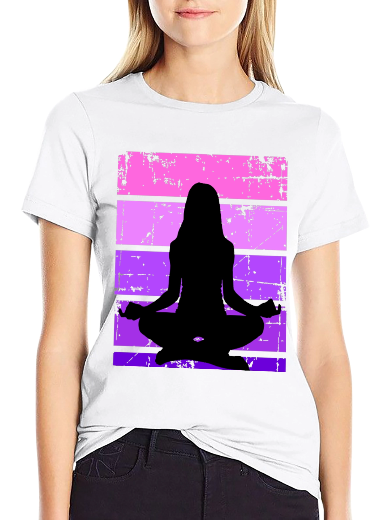 Yoga Silhouette Graphic Tee - Retro Stripe Design