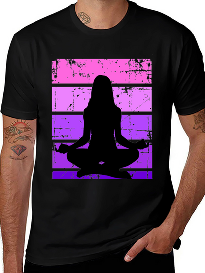 Yoga Silhouette Graphic Tee - Retro Stripe Design
