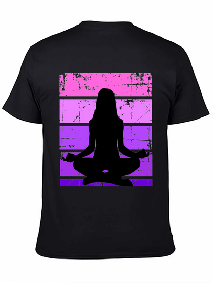 Yoga Silhouette Graphic Tee - Retro Stripe Design