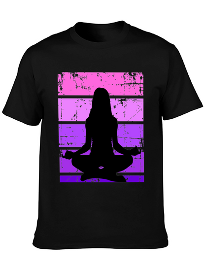 Yoga Silhouette Graphic Tee - Retro Stripe Design