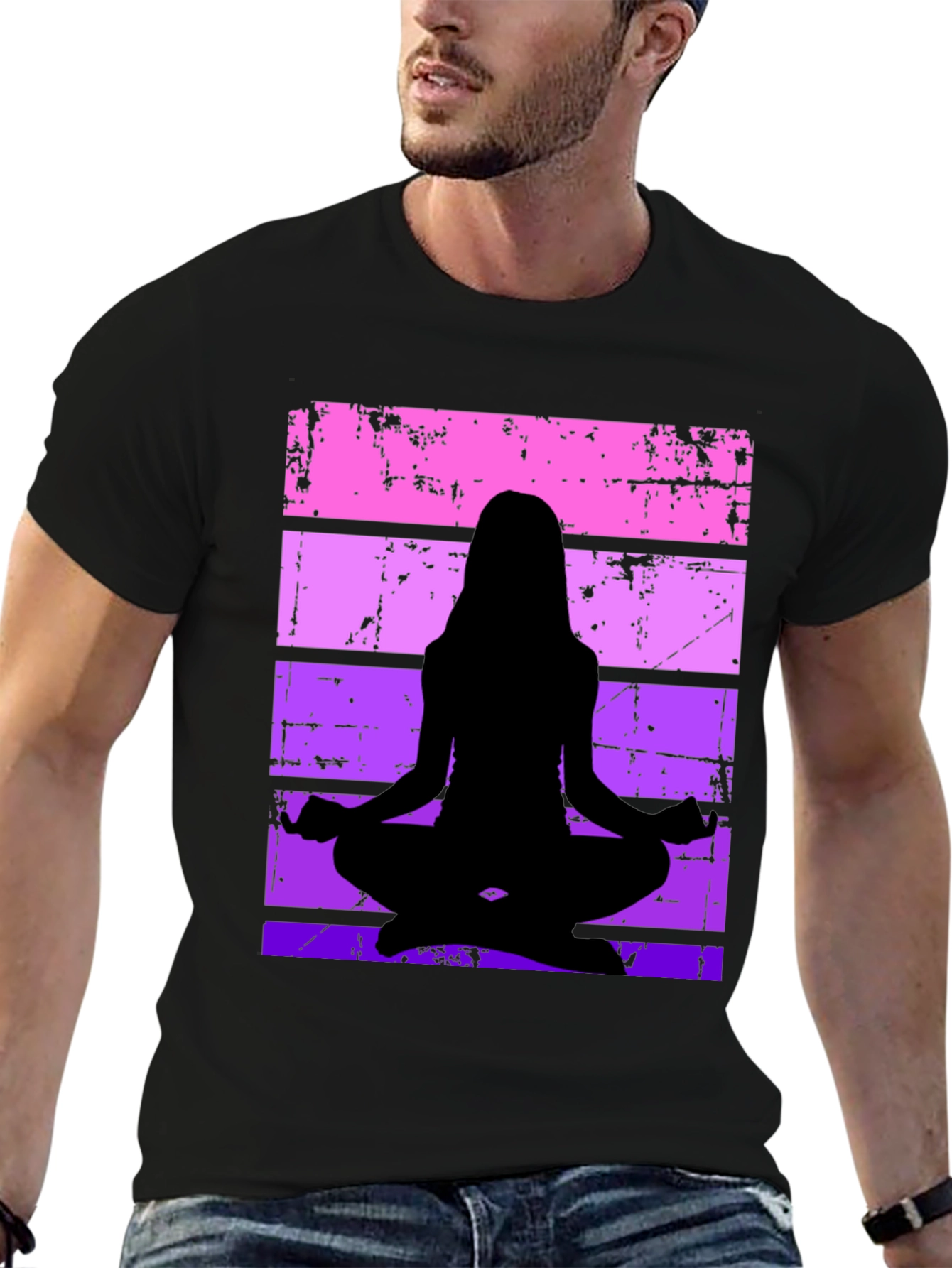 Yoga Silhouette Graphic Tee - Retro Stripe Design