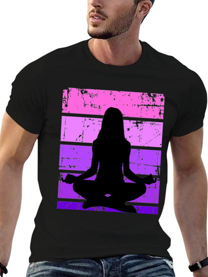Yoga Silhouette Graphic Tee - Retro Stripe Design