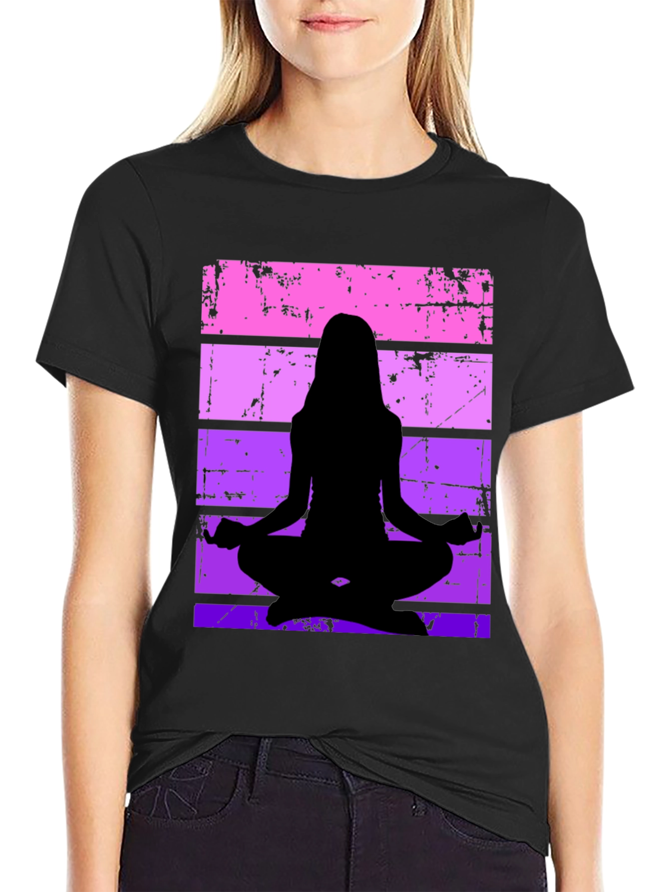Yoga Silhouette Graphic Tee - Retro Stripe Design