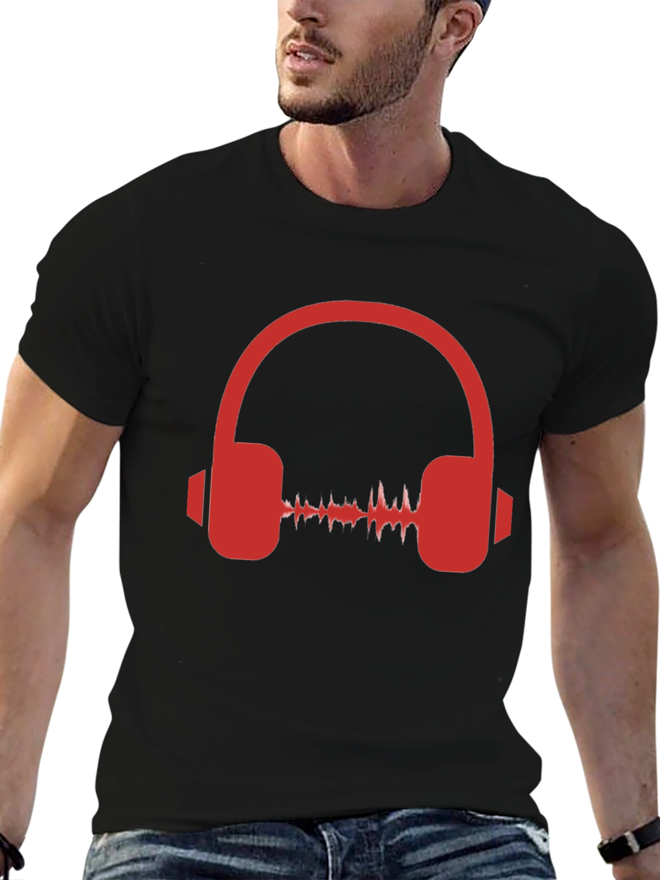 Red Headphone Graphic Black T-Shirt