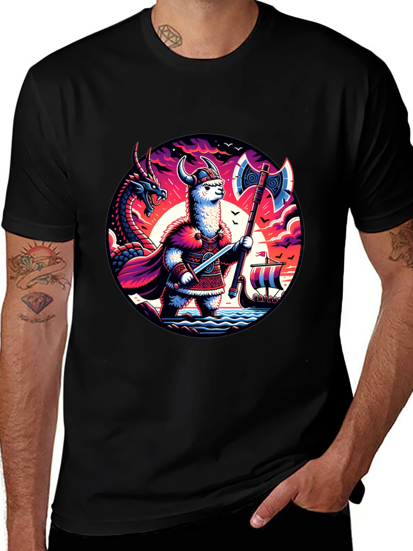 Llama Viking Graphic T-Shirt - Crew Neck