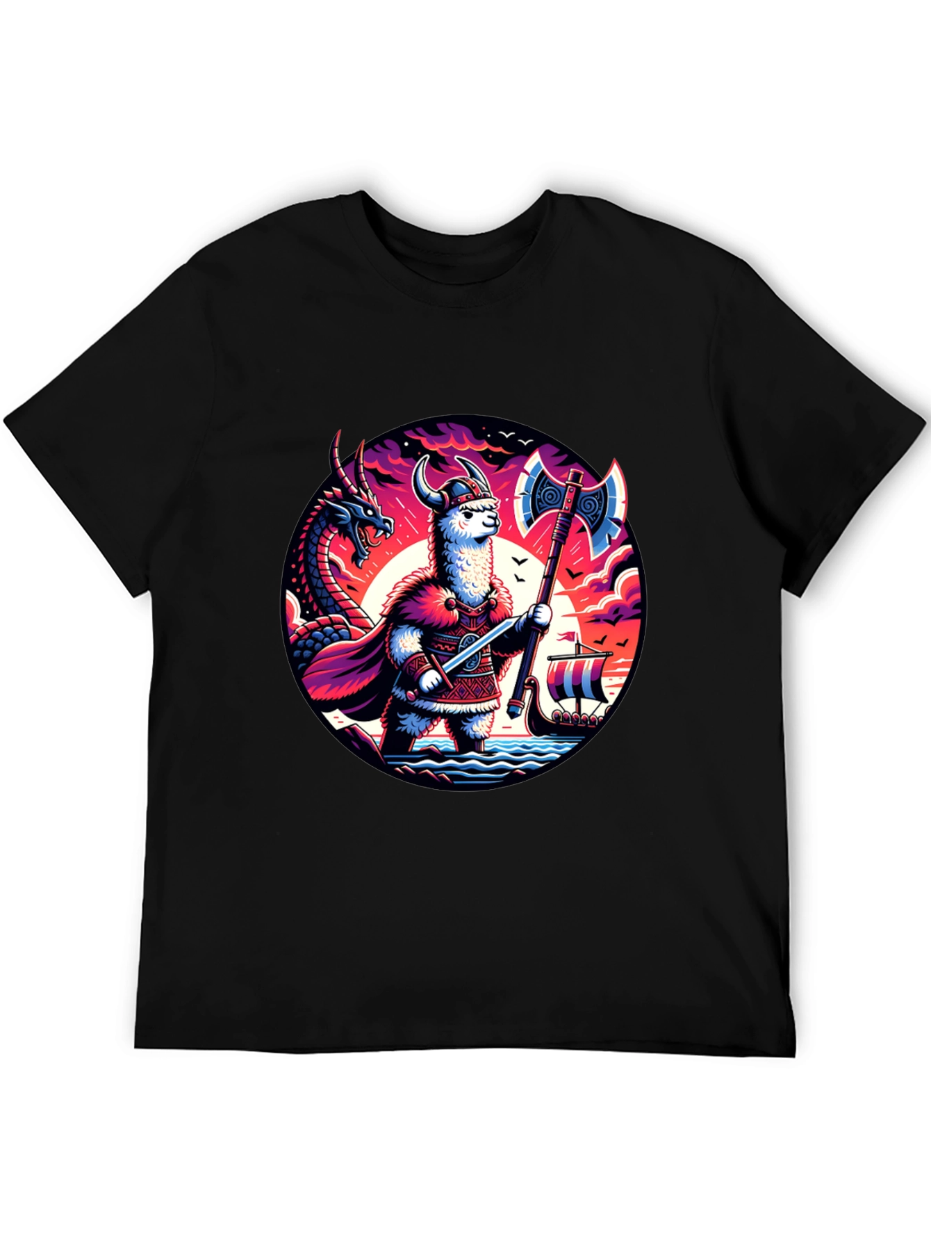 Llama Viking Graphic T-Shirt - Crew Neck