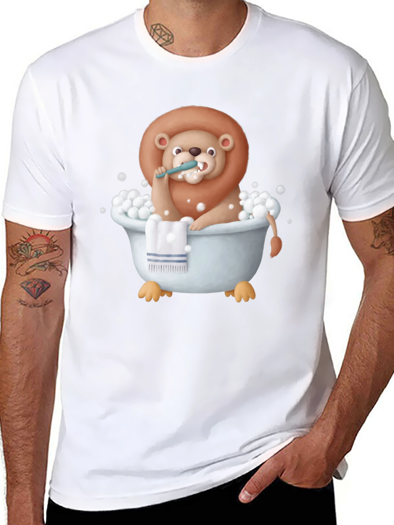 Funny Lion in Bathtub Graphic T-Shirt