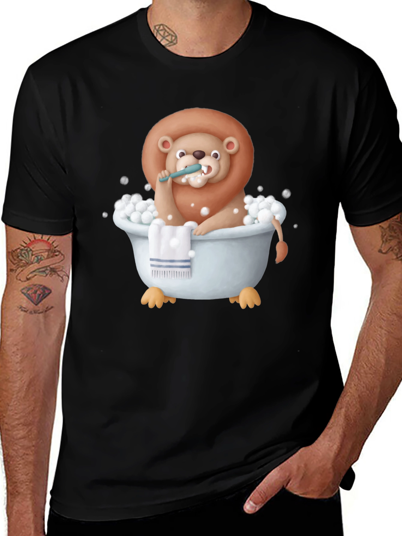 Funny Lion in Bathtub Graphic T-Shirt