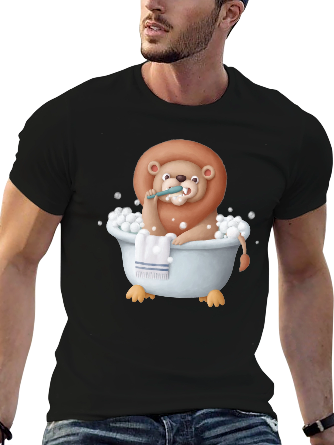 Funny Lion in Bathtub Graphic T-Shirt