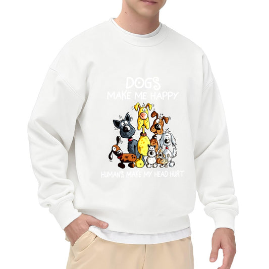 Crewneck Sweatshirt "Dogs Make Me Happy" Graphic - Oversized Casual Long-Sleeve Pullover, Playful Pet-Lover Statement Top for Men