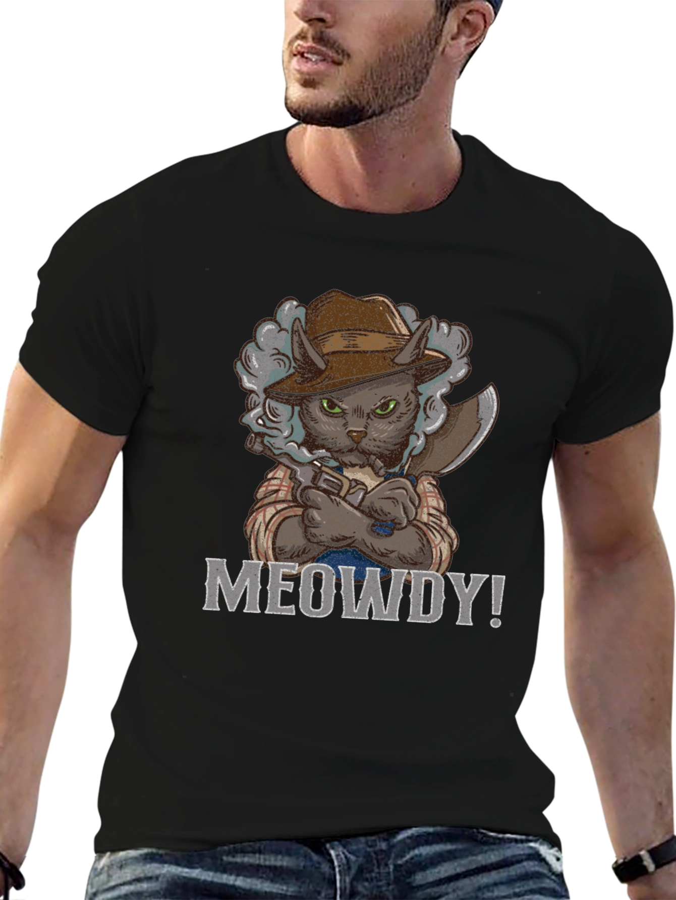 Meowdy Cat Cowboy T-Shirt - Black
