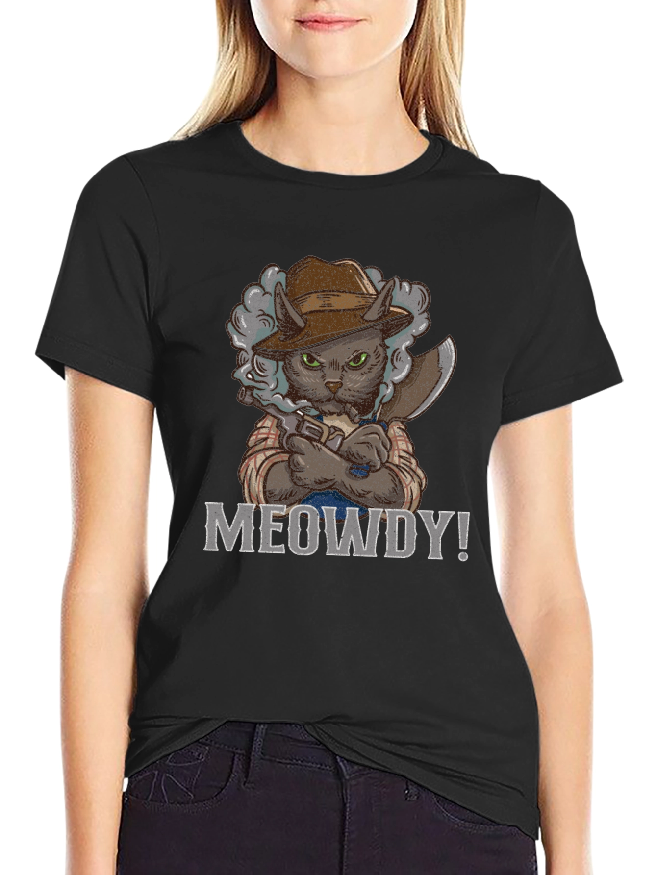 Meowdy Cat Cowboy T-Shirt - Black