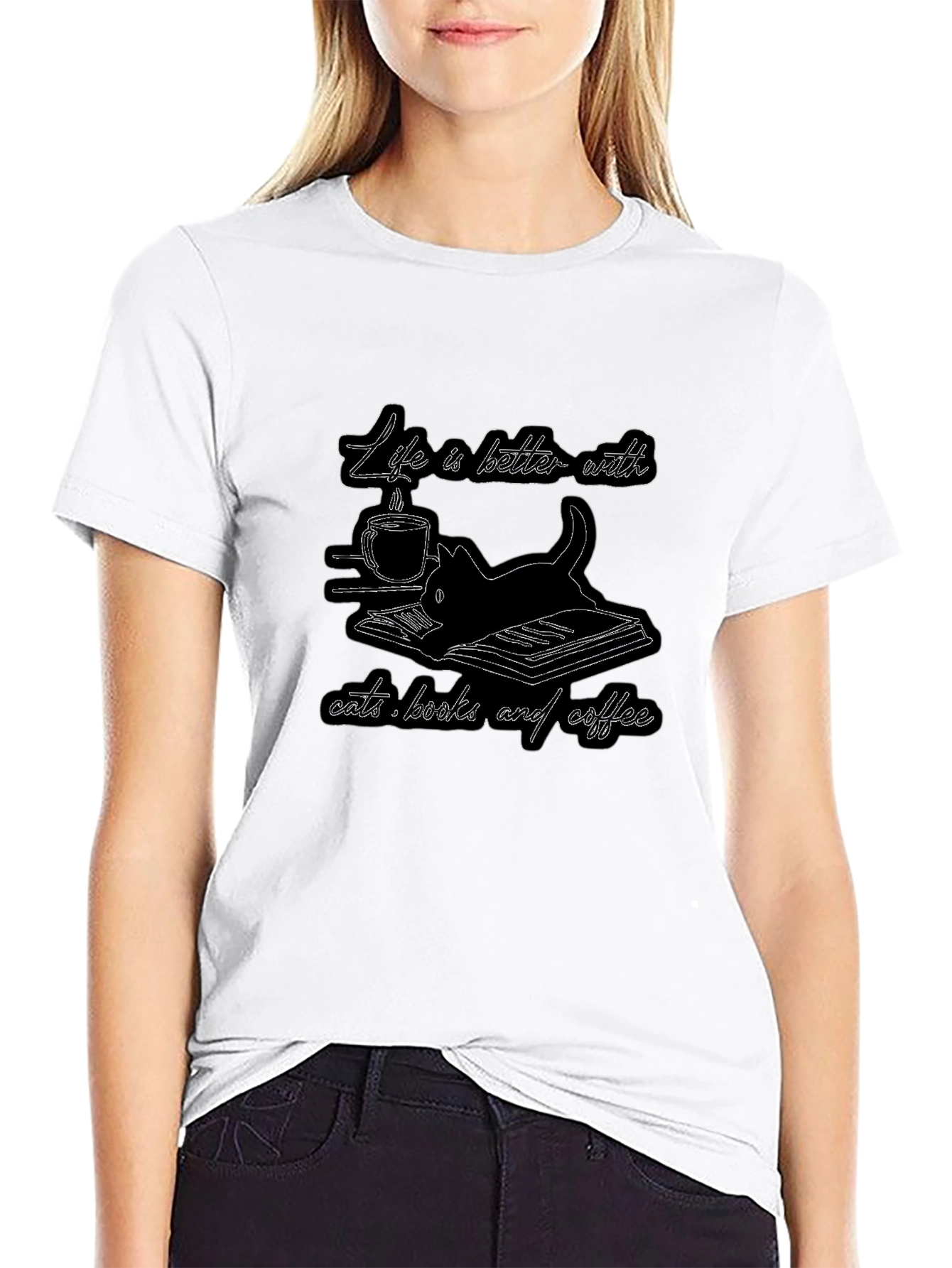 Life is Better with Cats Books and Coffee T-Shirt