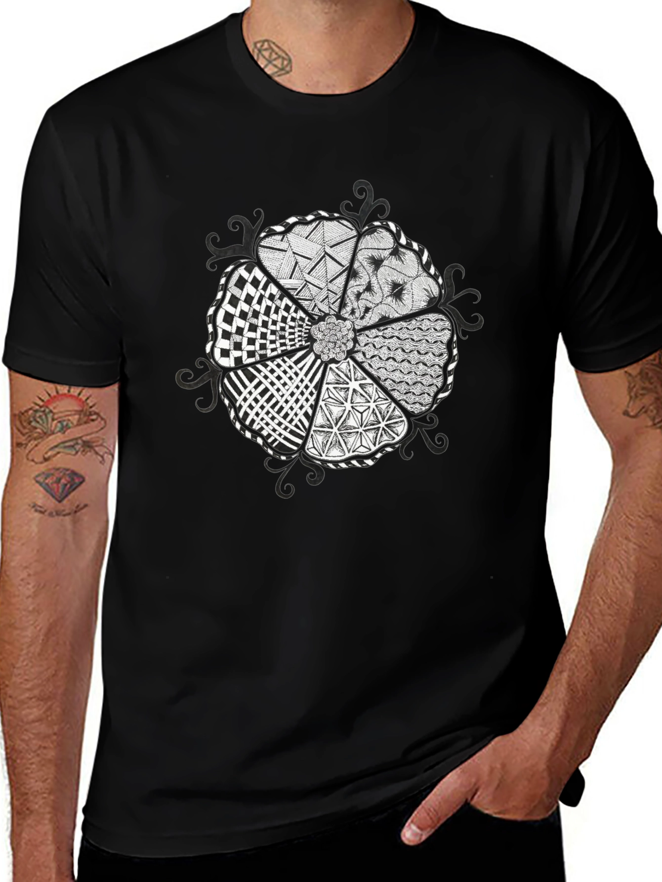 Abstract Floral Pattern Black T-Shirt