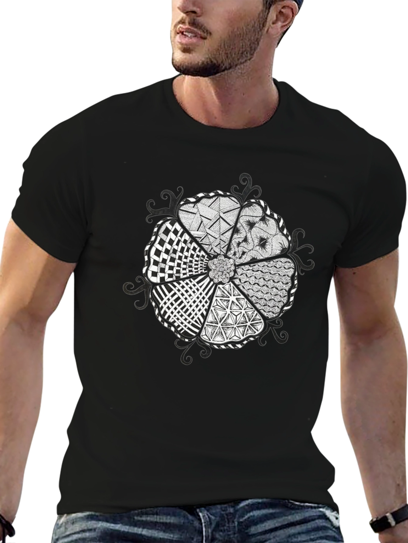 Abstract Floral Pattern Black T-Shirt