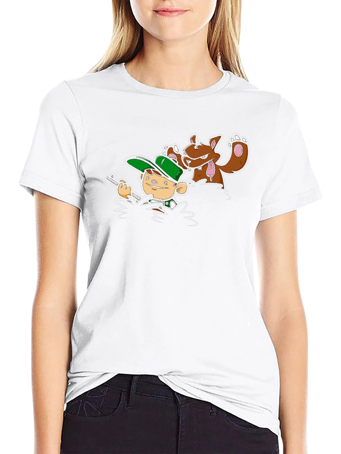Cartoon Hunter & Dog Graphic Black Tee
